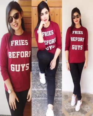 Maroon Fries Before Guys Printed T-Shirt For Women