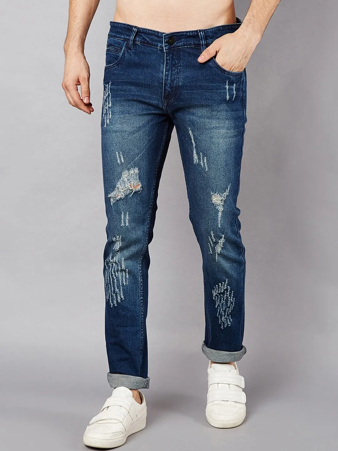 Men Blue Slim Fit Mid-Rise Low Distressed Stretchable Jeans