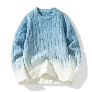 Men’s Cable Knit Sweater – Ombre Gradient – Blue & White Winter Style
