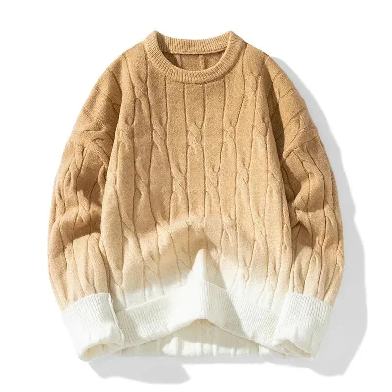 Men’s Cable Knit Sweater – Ombre Gradient – Blue & White Winter Style