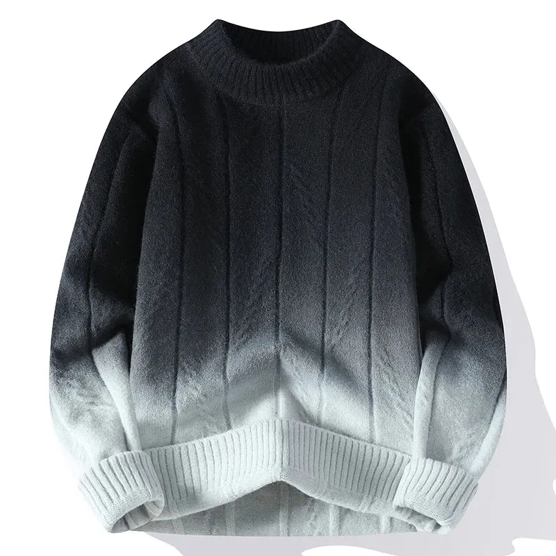 Men’s Cable Knit Sweater – Ombre Gradient – Blue & White Winter Style