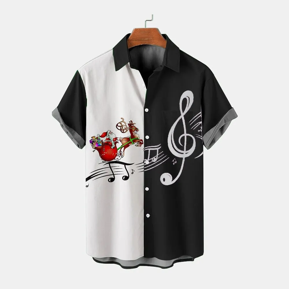Men's Christmas Casual Contrast Santa Claus Music Print Shirt 2411010905