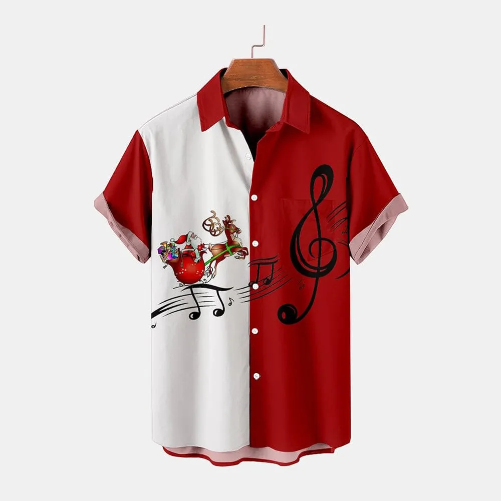 Men's Christmas Casual Contrast Santa Claus Music Print Shirt 2411010905