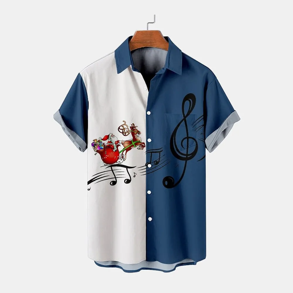 Men's Christmas Casual Contrast Santa Claus Music Print Shirt 2411010905