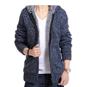 Men's Fashion Solid Thick Warm Sweater Male Casual Hooded Winter Wear Fur Lining Sweater MZM179