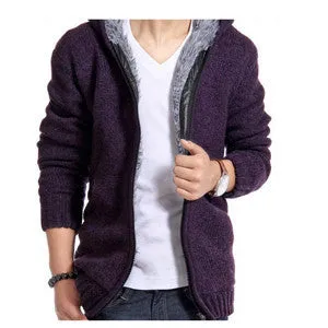 Men's Fashion Solid Thick Warm Sweater Male Casual Hooded Winter Wear Fur Lining Sweater MZM179