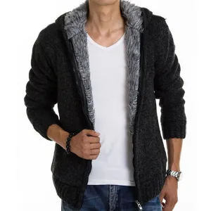 Men's Fashion Solid Thick Warm Sweater Male Casual Hooded Winter Wear Fur Lining Sweater MZM179