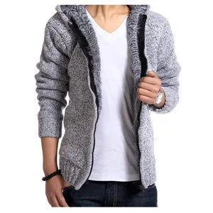 Men's Fashion Solid Thick Warm Sweater Male Casual Hooded Winter Wear Fur Lining Sweater MZM179