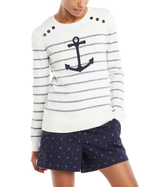 Nautica Women's Voyage Long Sleeve 100% Cotton Striped Crewneck Sweater, Marshmallow, Large