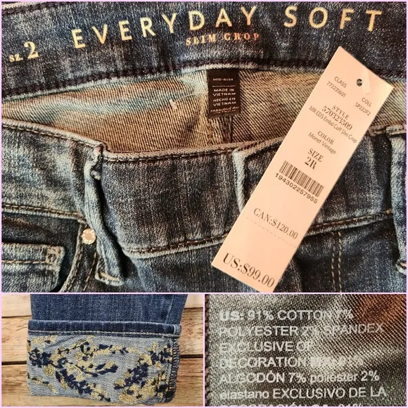 NEW Mid-Rise Everyday Soft Denim Embellished Cuff Slim Cropped Jeans