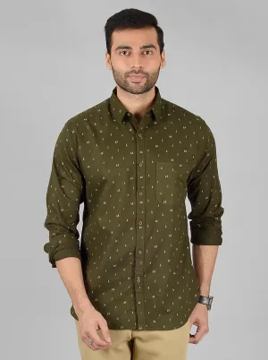 Olive Printed Slim Fit Casual Shirt | Greenfibre