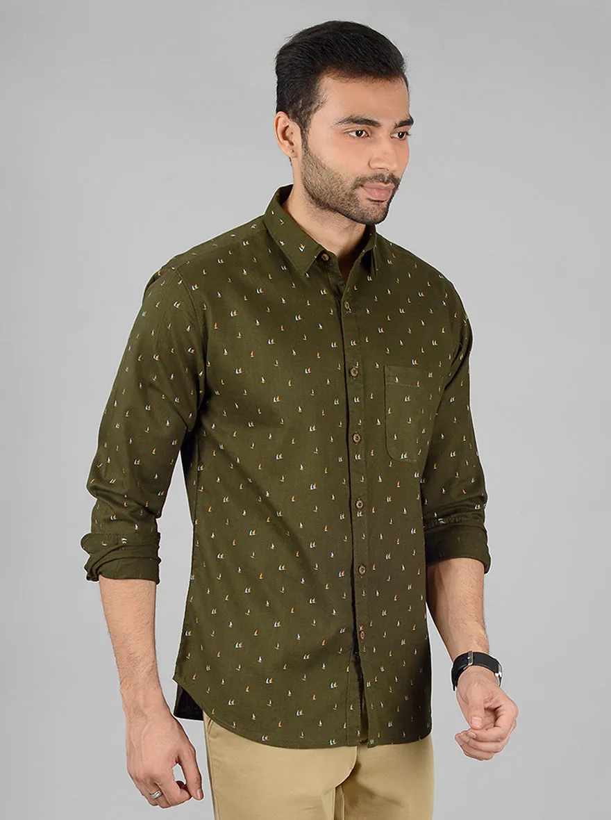 Olive Printed Slim Fit Casual Shirt | Greenfibre