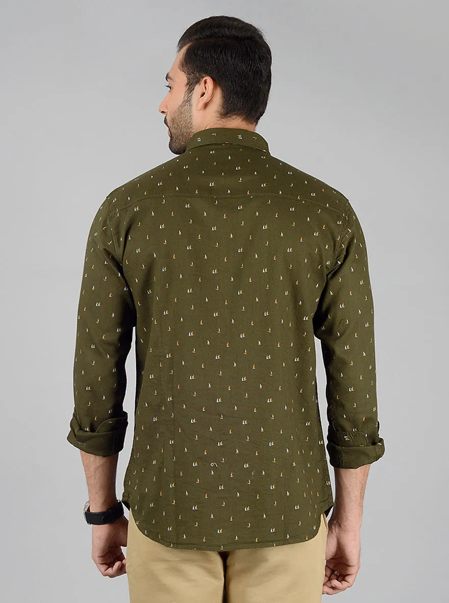 Olive Printed Slim Fit Casual Shirt | Greenfibre