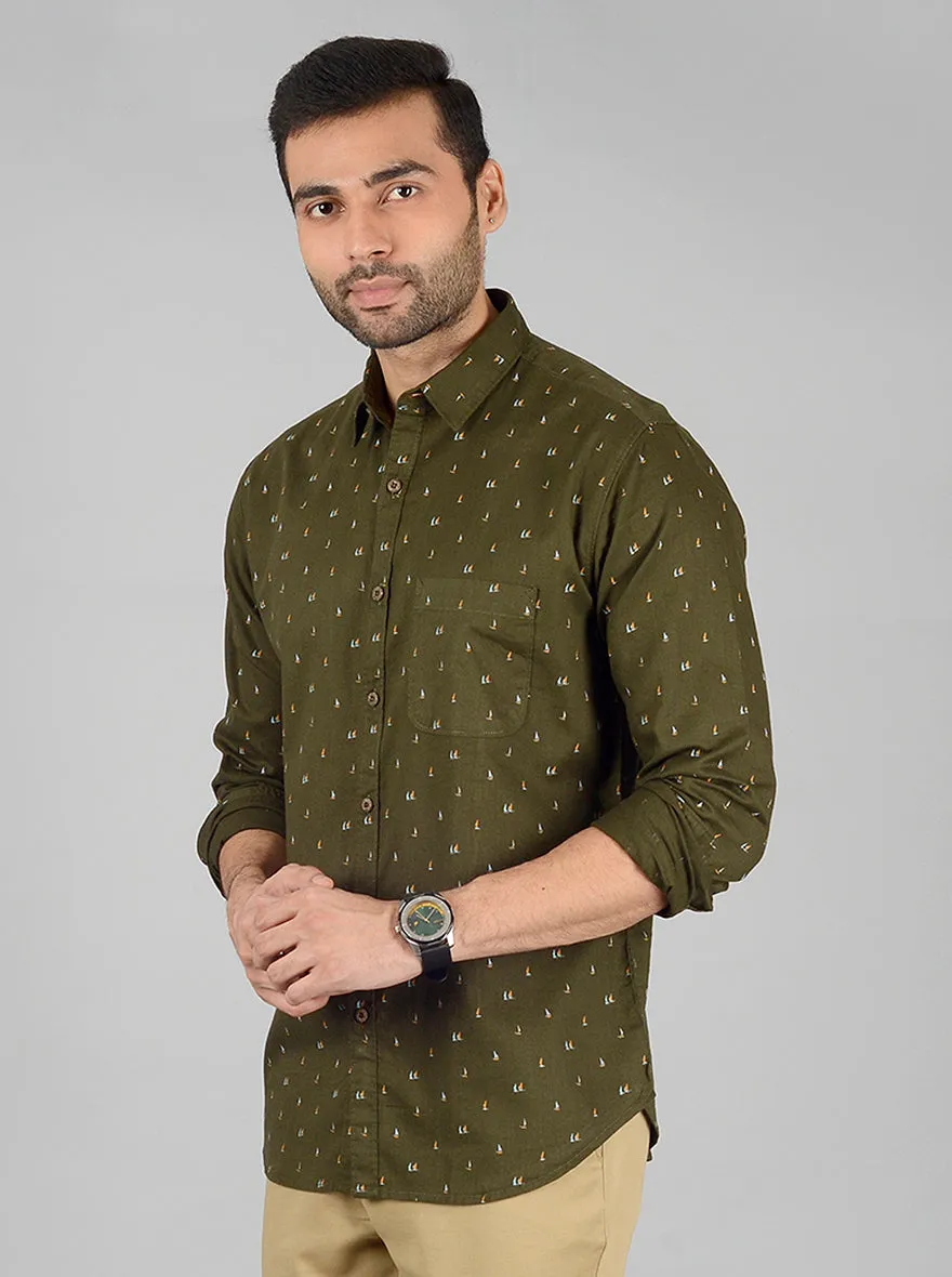 Olive Printed Slim Fit Casual Shirt | Greenfibre