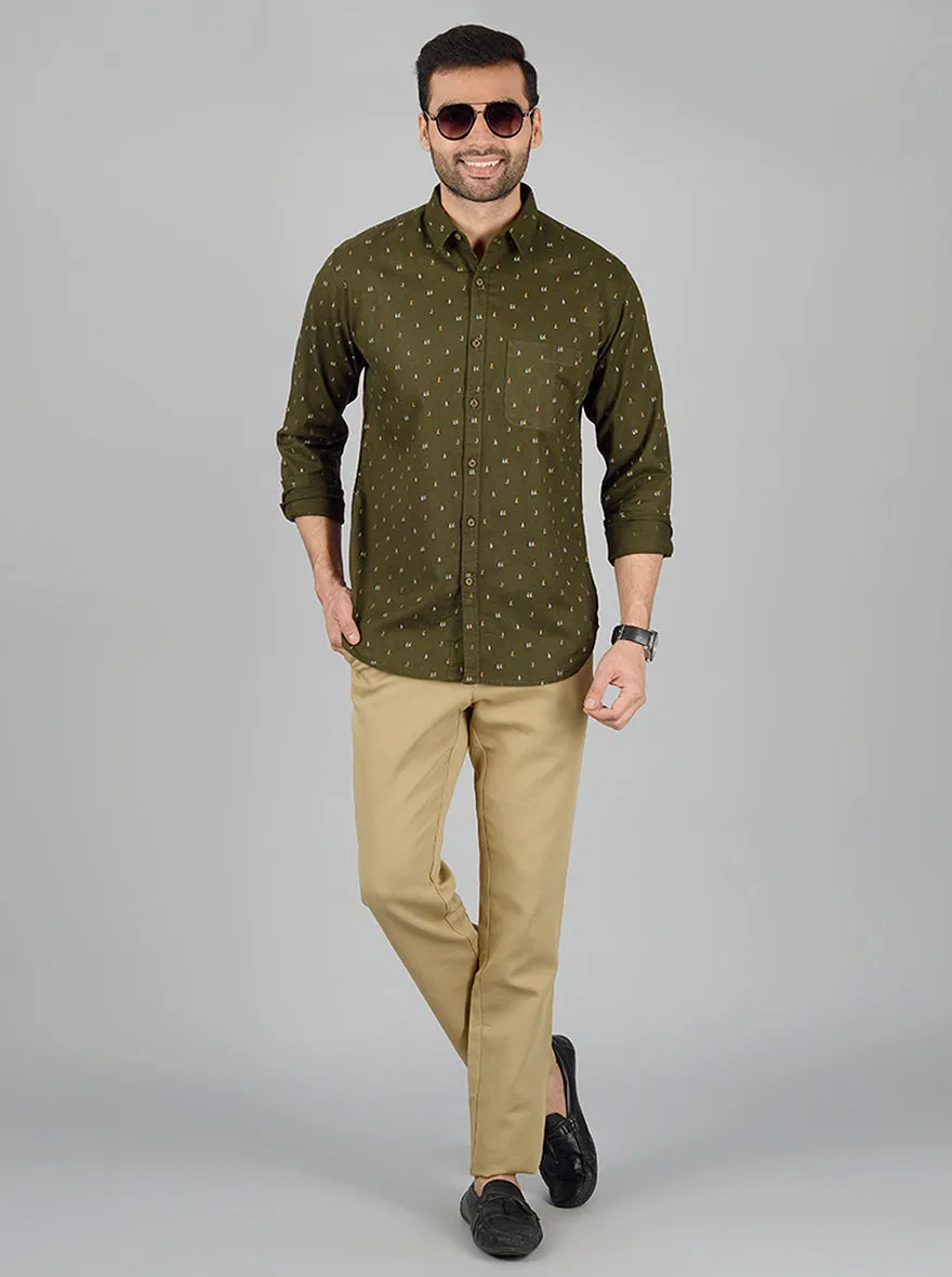 Olive Printed Slim Fit Casual Shirt | Greenfibre