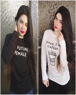 Pack Of 2 - BlackWhite Cotton Printed T-Shirt For Women