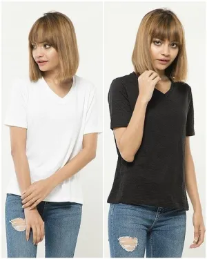 Pack of 2 - White and Black Cotton V-Neck T-Shirts For Women