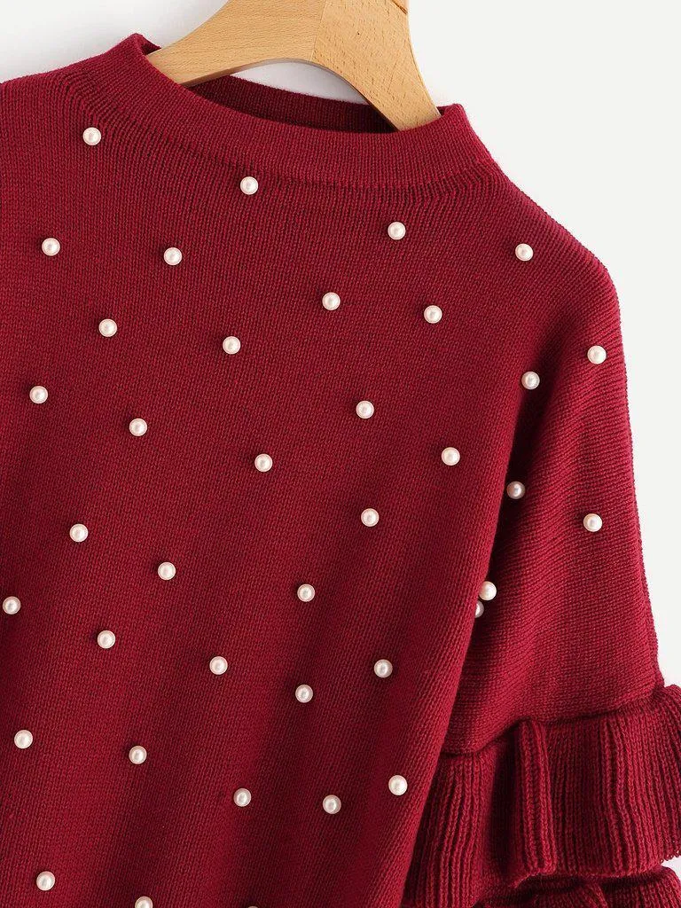 Pearl Beading Tiered Ruffle Sleeve Jumper