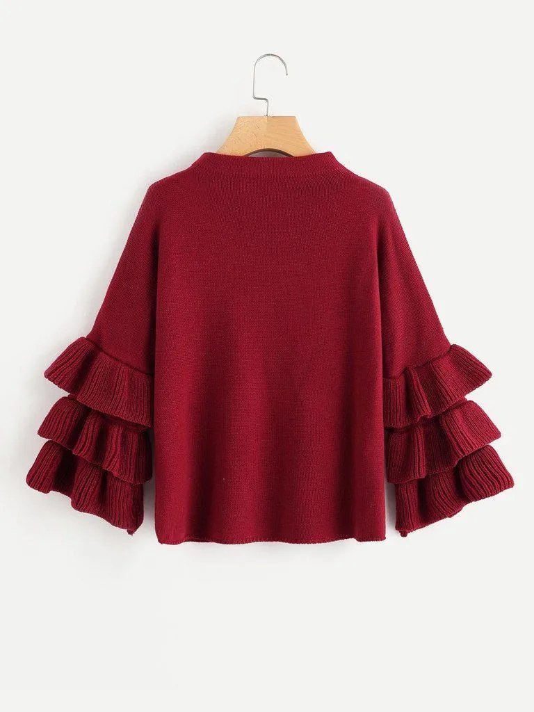 Pearl Beading Tiered Ruffle Sleeve Jumper