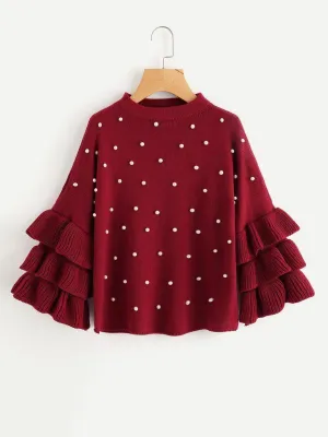 Pearl Beading Tiered Ruffle Sleeve Jumper