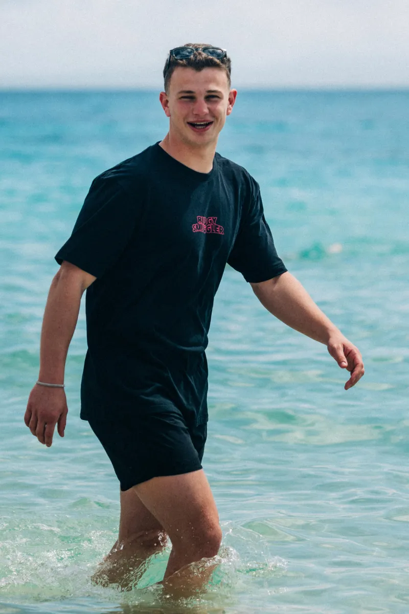 Pink Anti Board Short Club on Black Tee