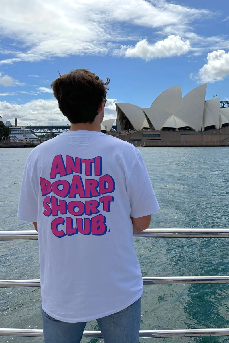 Pink Anti Board Short Club on White Tee