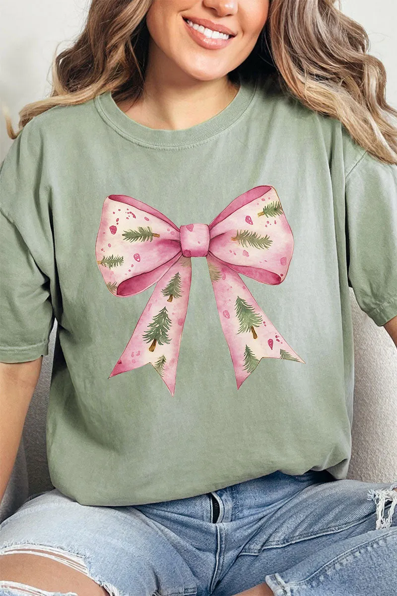 Pink Christmas Tree Bow Comfort Colors Adult Ring-Spun Cotton Tee