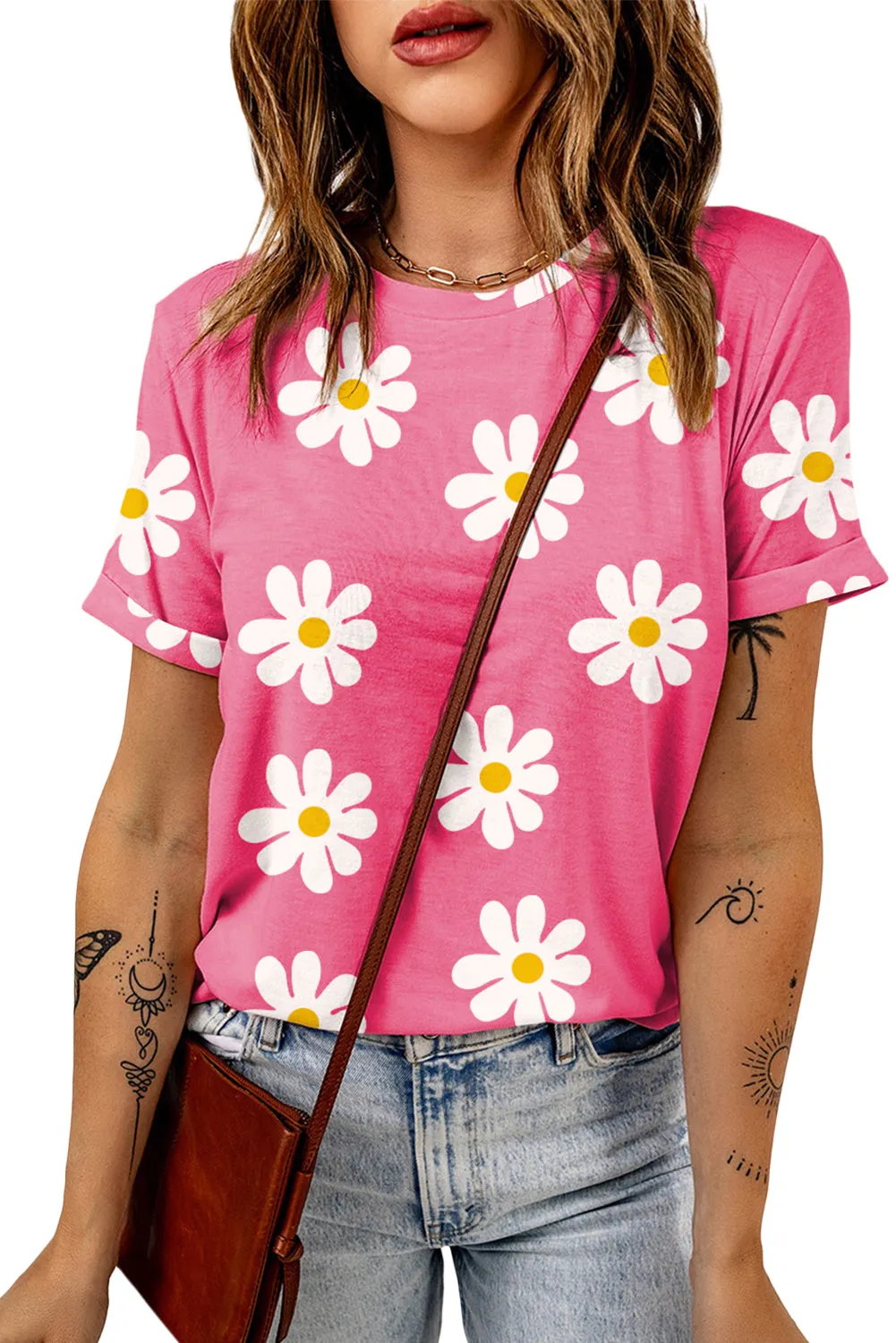 Pink Daisy Printed Crewneck T Shirt