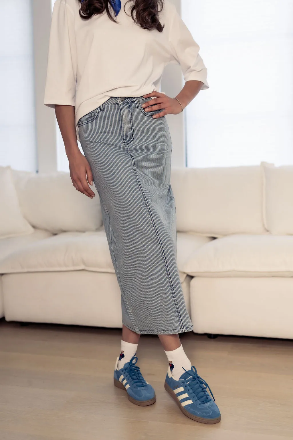 PINSTRIPE DENIM SKIRT