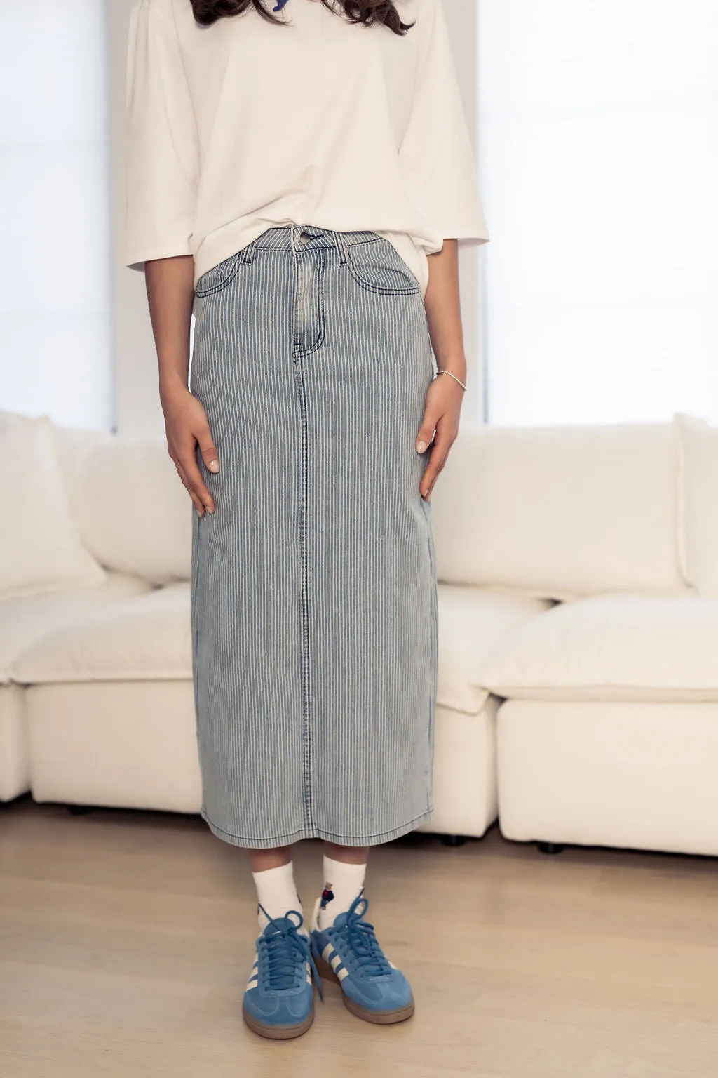 PINSTRIPE DENIM SKIRT