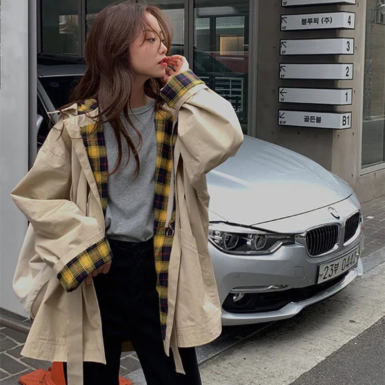 Plaid Adjustable Hooded Trench Jacket