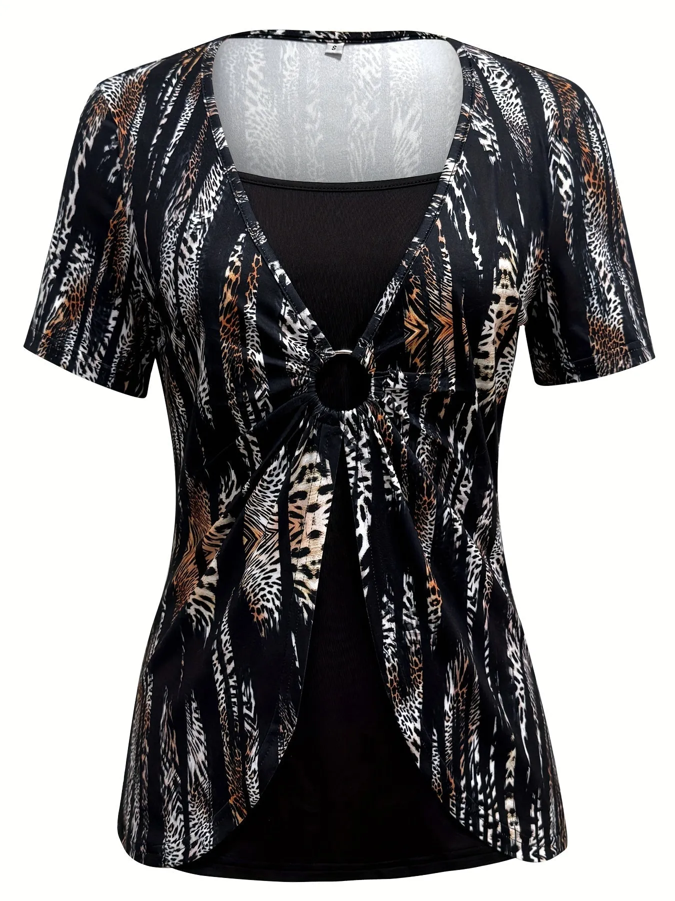 Print T-Shirt with Faux Layered Design - Square Neck, Short Sleeve, Stretchy Polyester Blend, Machine Washable - Maroon & Black, Perfect for Casual Outings