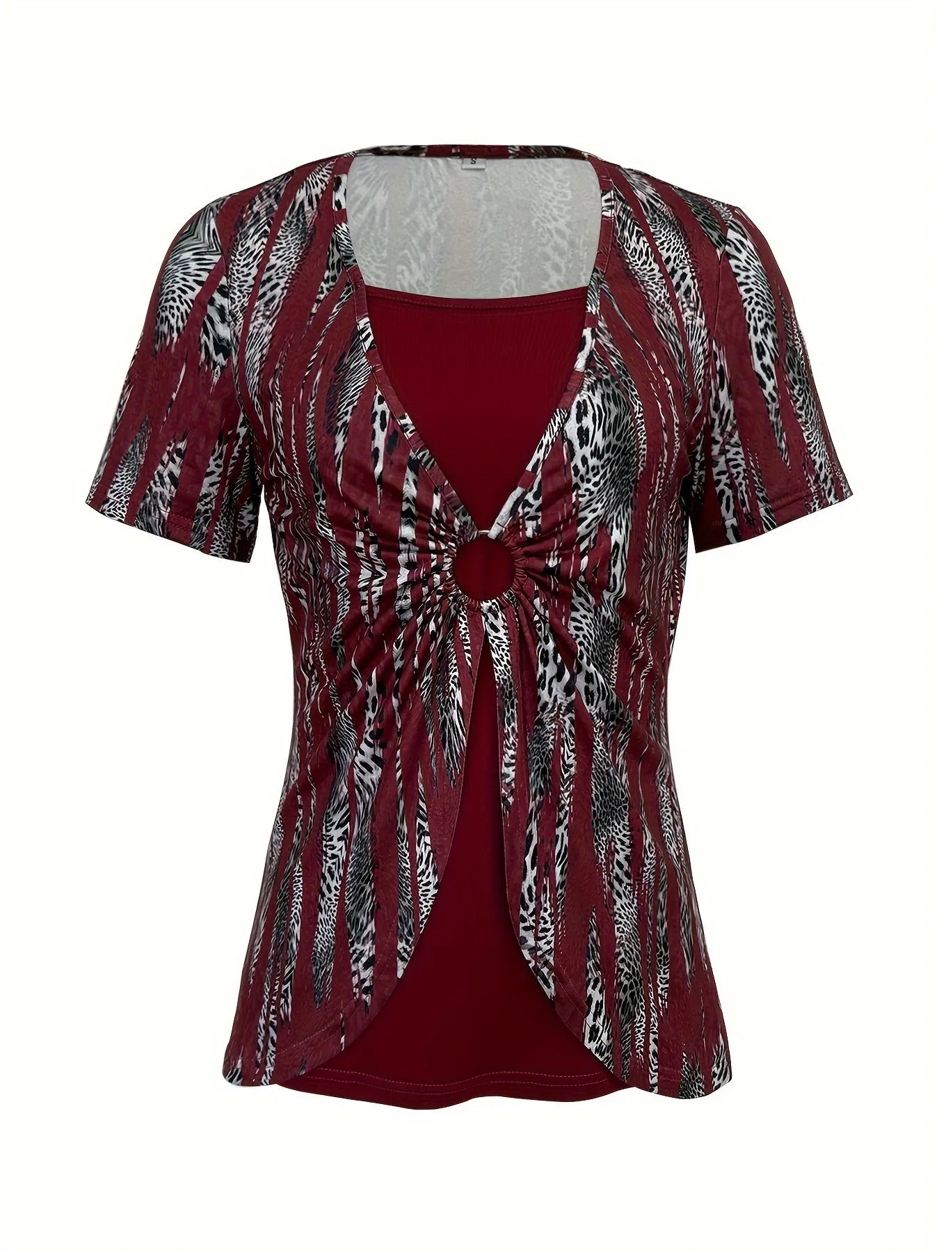 Print T-Shirt with Faux Layered Design - Square Neck, Short Sleeve, Stretchy Polyester Blend, Machine Washable - Maroon & Black, Perfect for Casual Outings