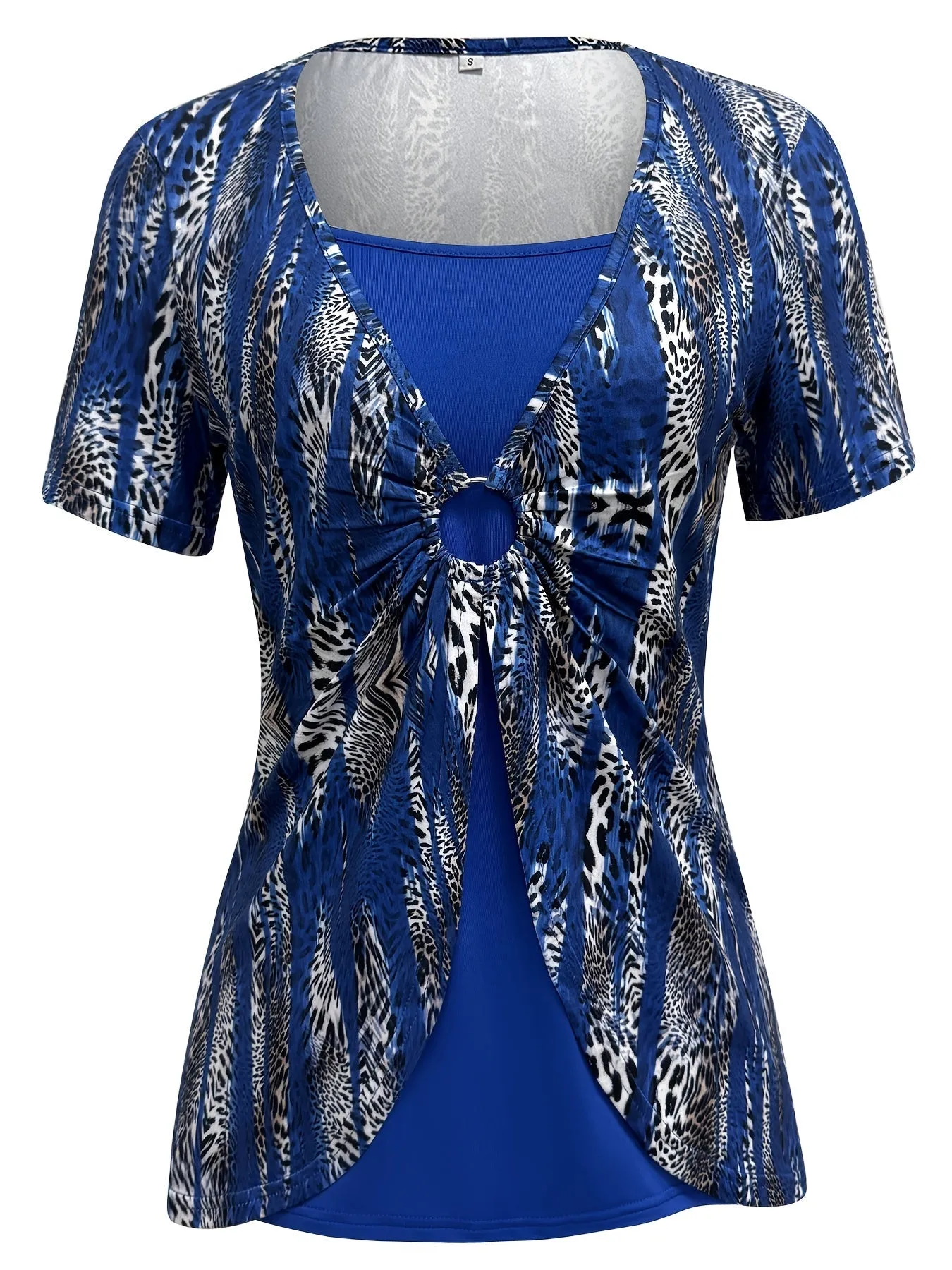 Print T-Shirt with Faux Layered Design - Square Neck, Short Sleeve, Stretchy Polyester Blend, Machine Washable - Maroon & Black, Perfect for Casual Outings