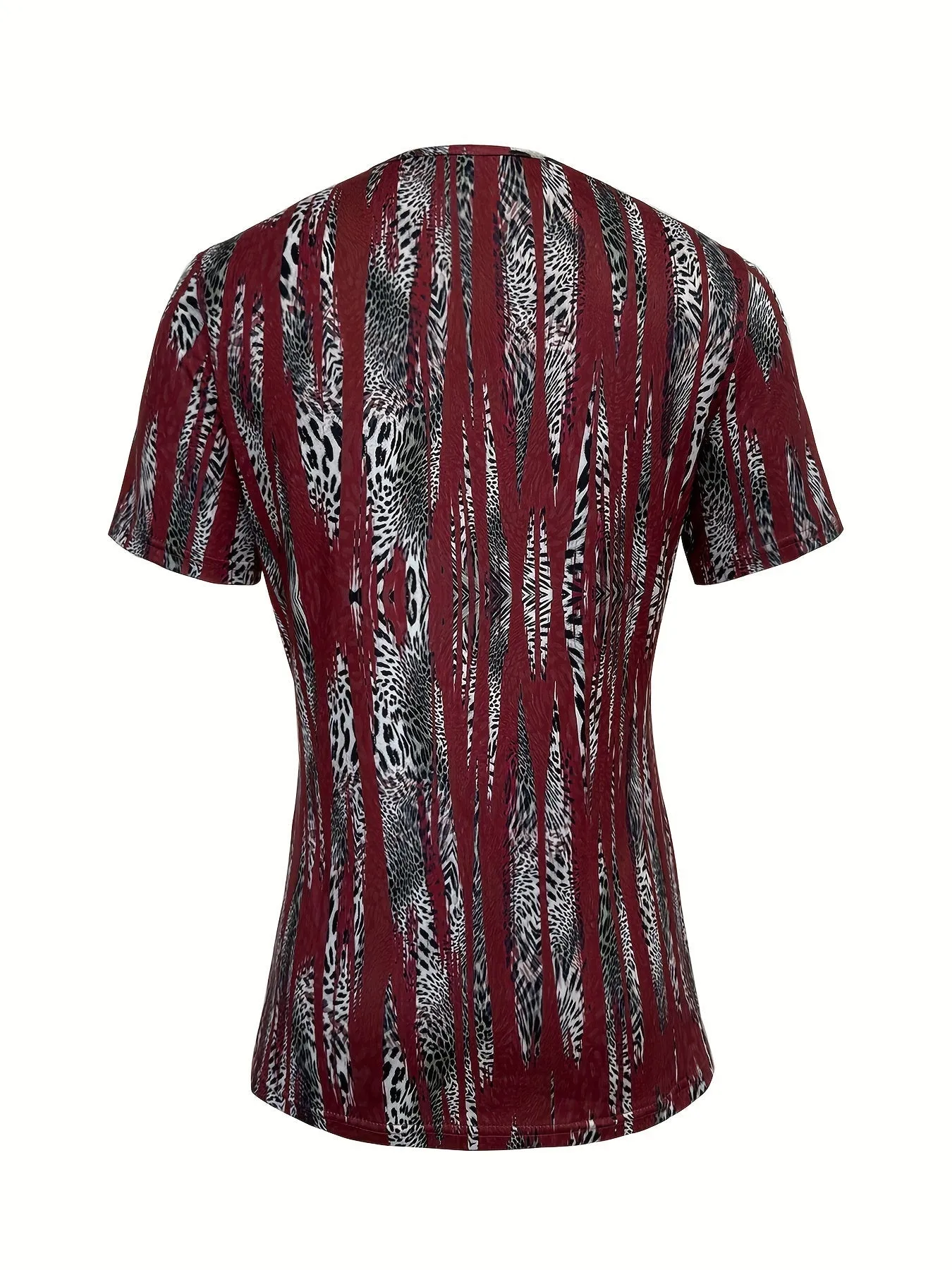 Print T-Shirt with Faux Layered Design - Square Neck, Short Sleeve, Stretchy Polyester Blend, Machine Washable - Maroon & Black, Perfect for Casual Outings