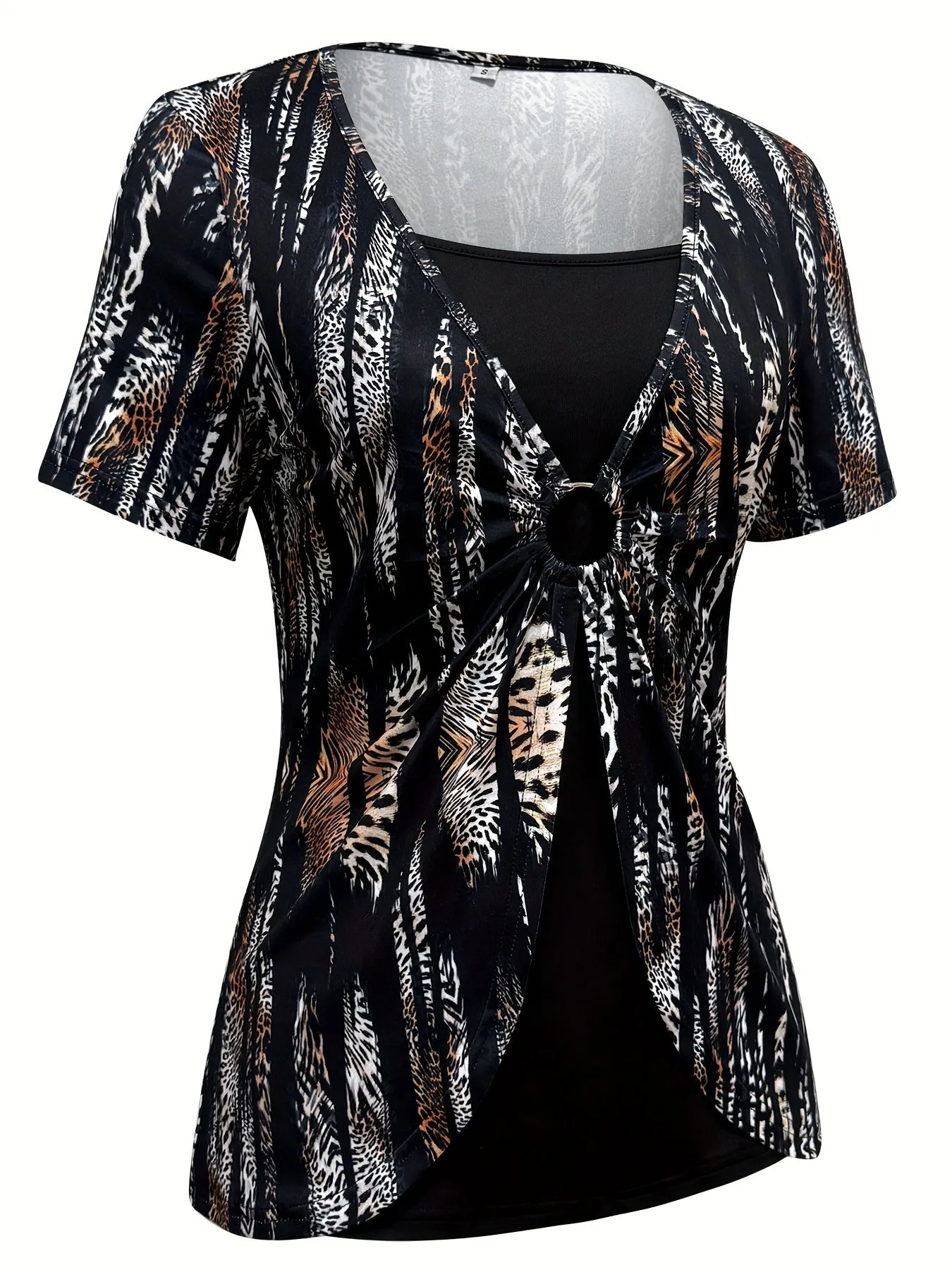Print T-Shirt with Faux Layered Design - Square Neck, Short Sleeve, Stretchy Polyester Blend, Machine Washable - Maroon & Black, Perfect for Casual Outings