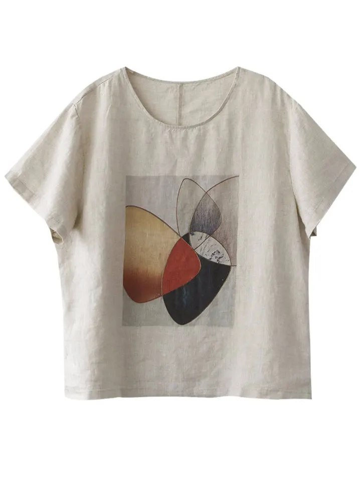 Printed Short Sleeve Crew Neck Shirt for Ladies