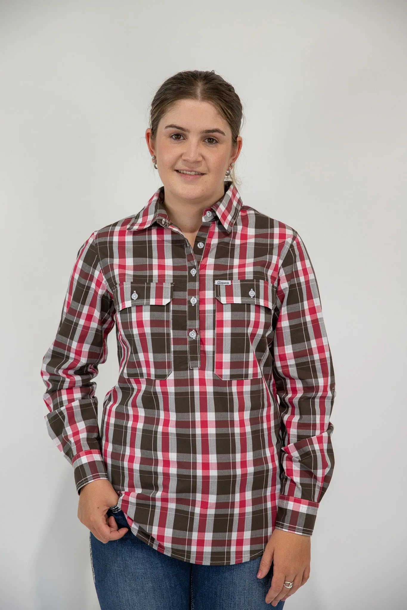 Prue - 1/2 Button Front Plaid Long Sleeve Cotton Collared Shirt