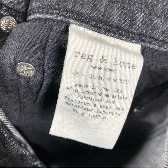 Rag &amp; Bone High Rise Skinny Ankle Jeans Washed Black Size 26