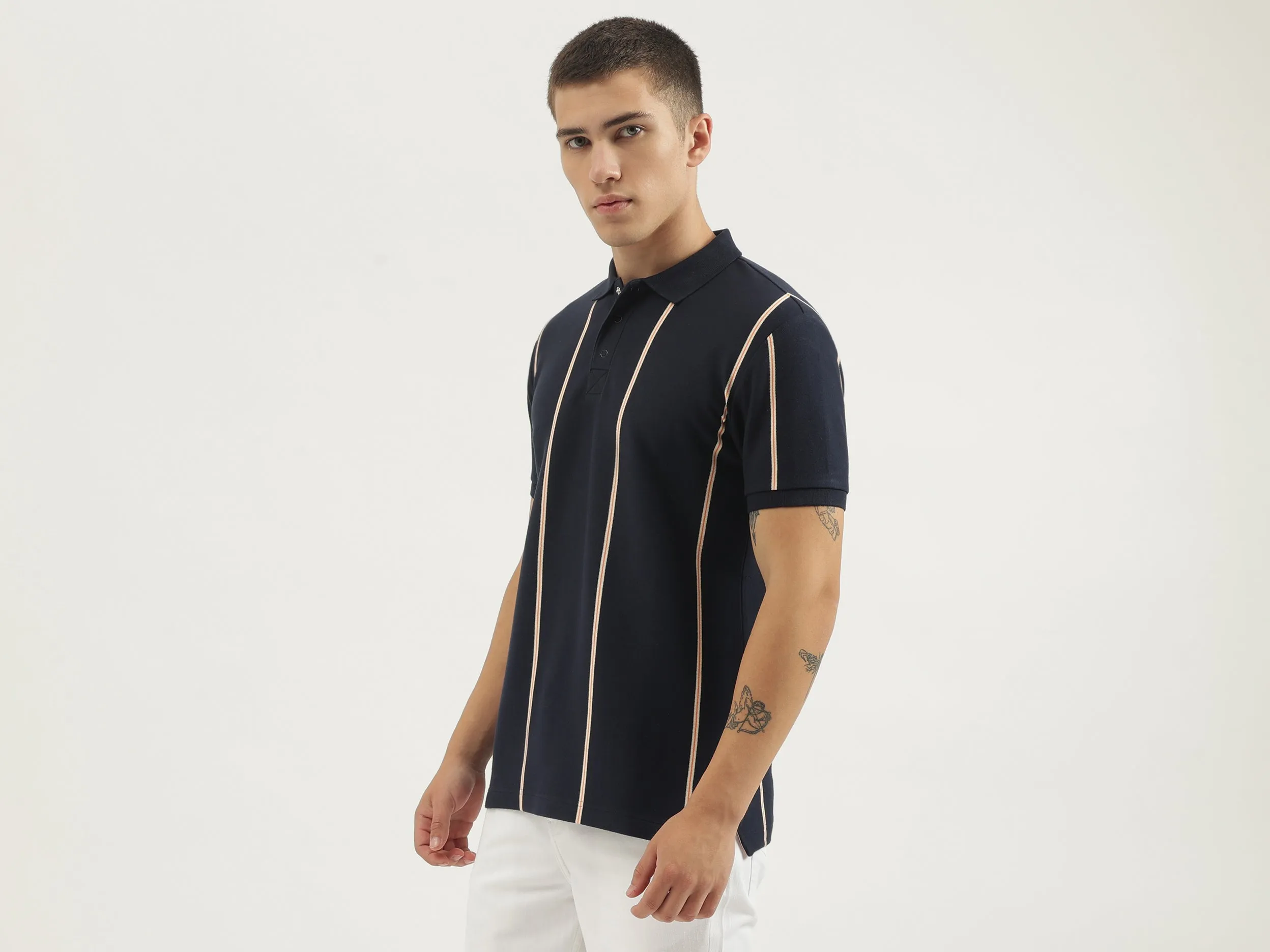 Regular Fit Polo Neck Striped T-shirts