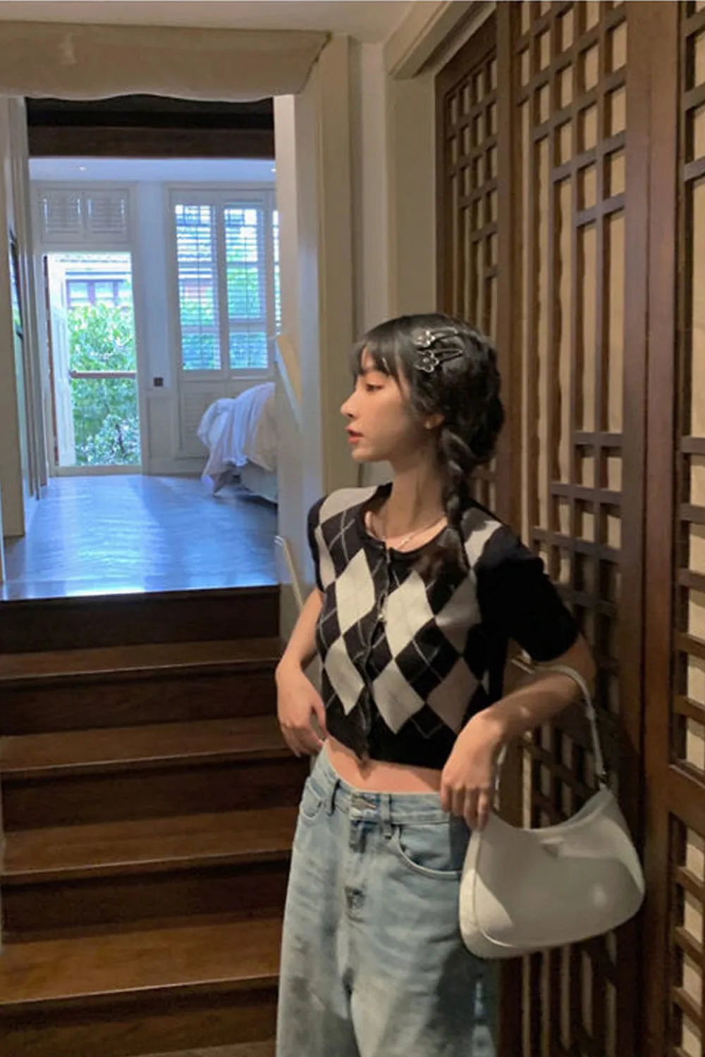 Retro Argyle Pattern Knitted Cropped Sweater