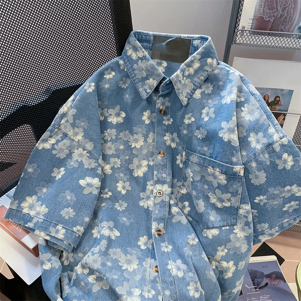 Retro Floral Printed Denim Shirts