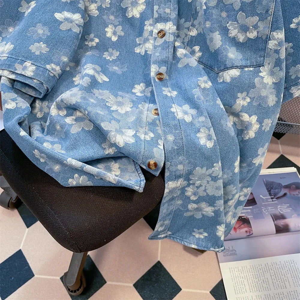 Retro Floral Printed Denim Shirts