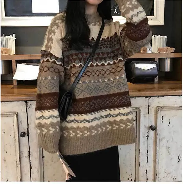 Retro Geometric Pattern Knitted Loose Sweater