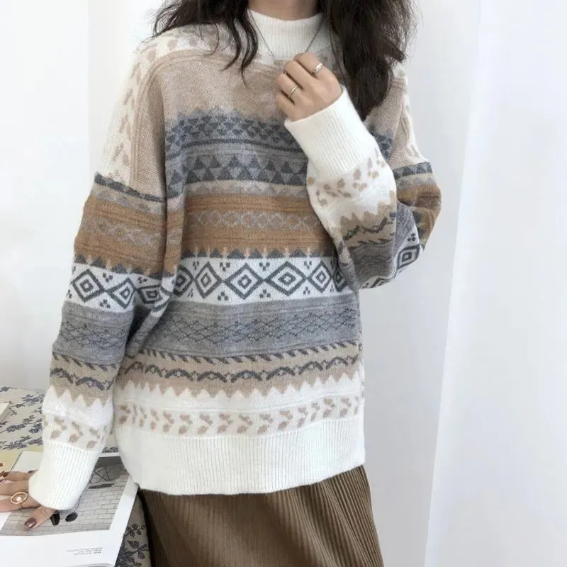 Retro Geometric Pattern Knitted Loose Sweater