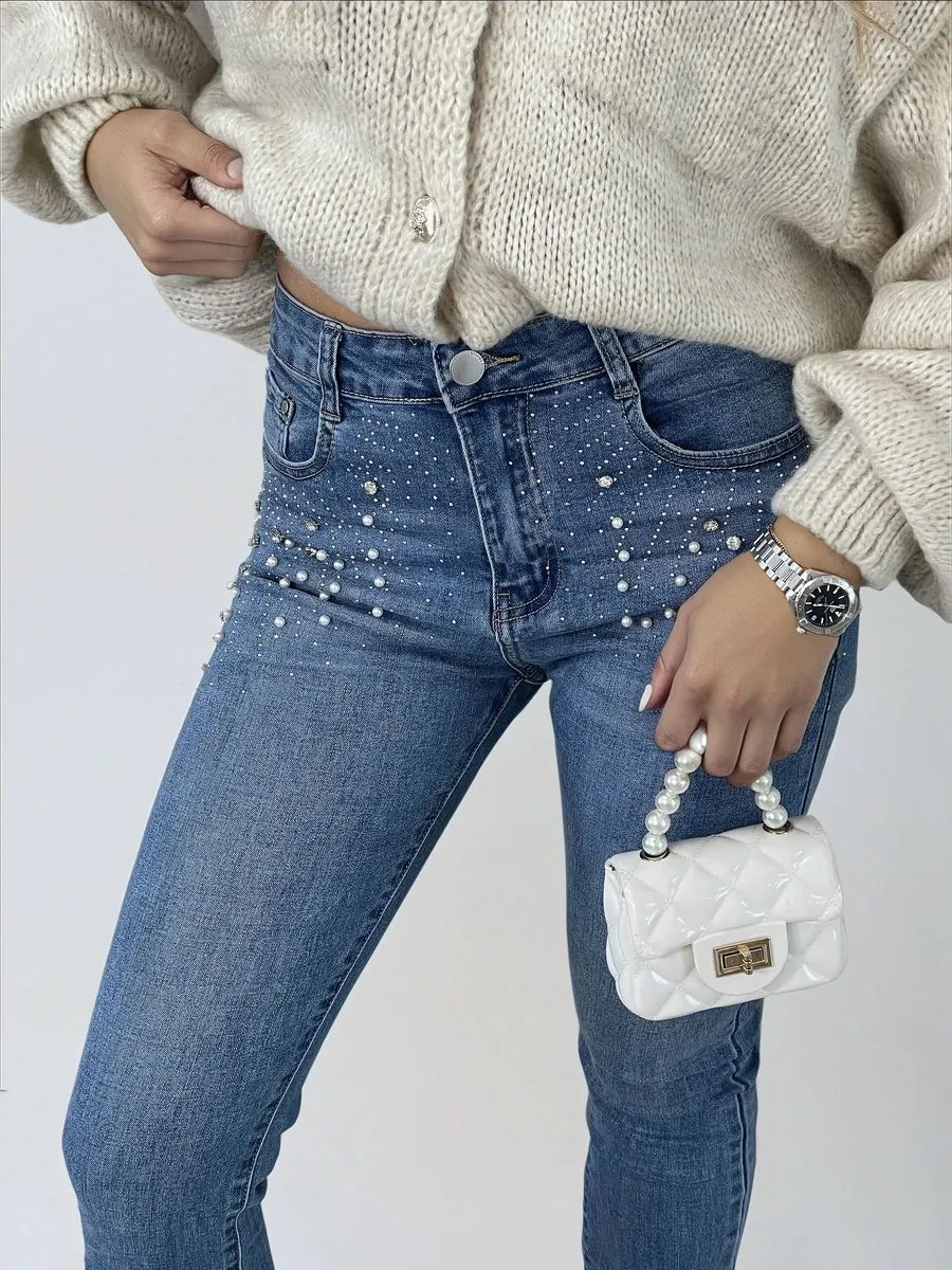 Rhinestone Embellished Skinny Fit Mid Rise Jeans