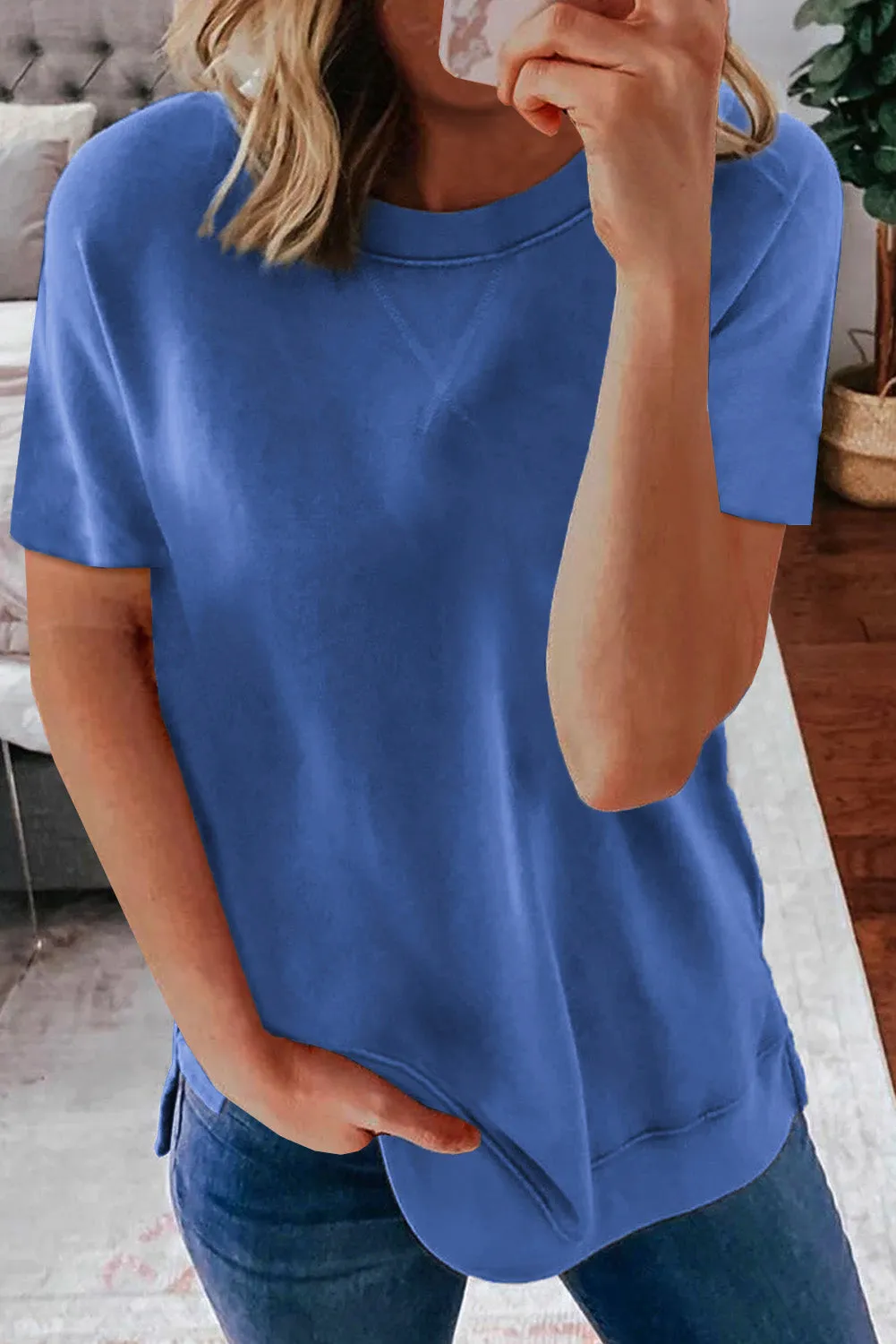 Round Neck Short Sleeve Solid Color Tee