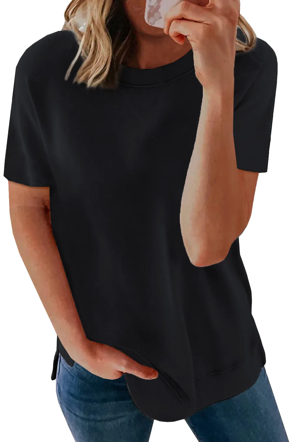 Round Neck Short Sleeve Solid Color Tee