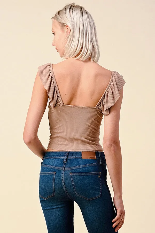 Ruffle Ribbed Drawstring Top