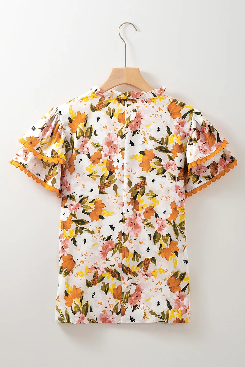Russet Orange Ruffled V Neck Scalloped Short Sleeve Floral Blouse